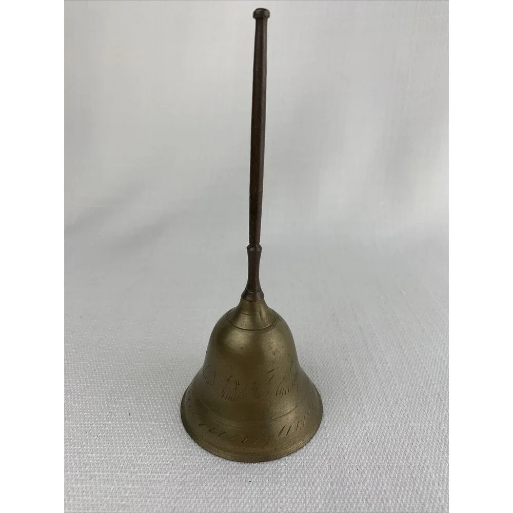 Vintage 6” Etched Brass Bell Made‎ In India Hand Bell Ringer Dinner Table